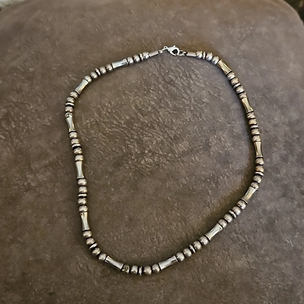 Vintage Silvertone Barrel Beaded Grunge Necklace